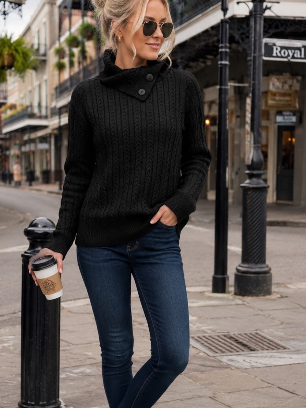 NWT St. John’s Bay Black Cable Knit Cowl Neck Sweater Large
